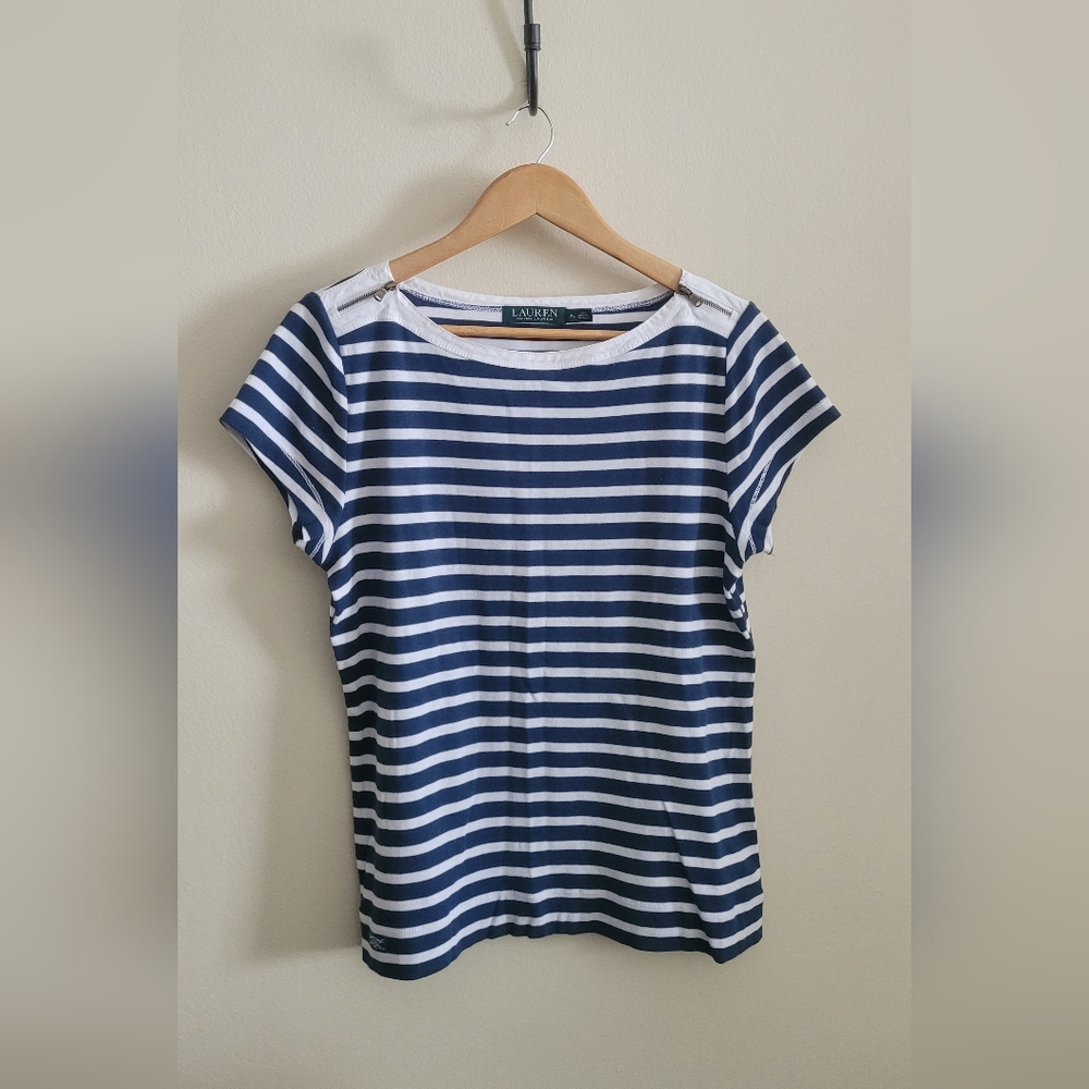 Ralph Lauren Classic Cotton Nautical Striped Tee, Women's XL, Navy Blue & White
